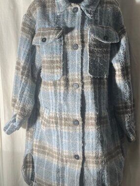 Women's Baby Blue Plaid Long Shacket Medium